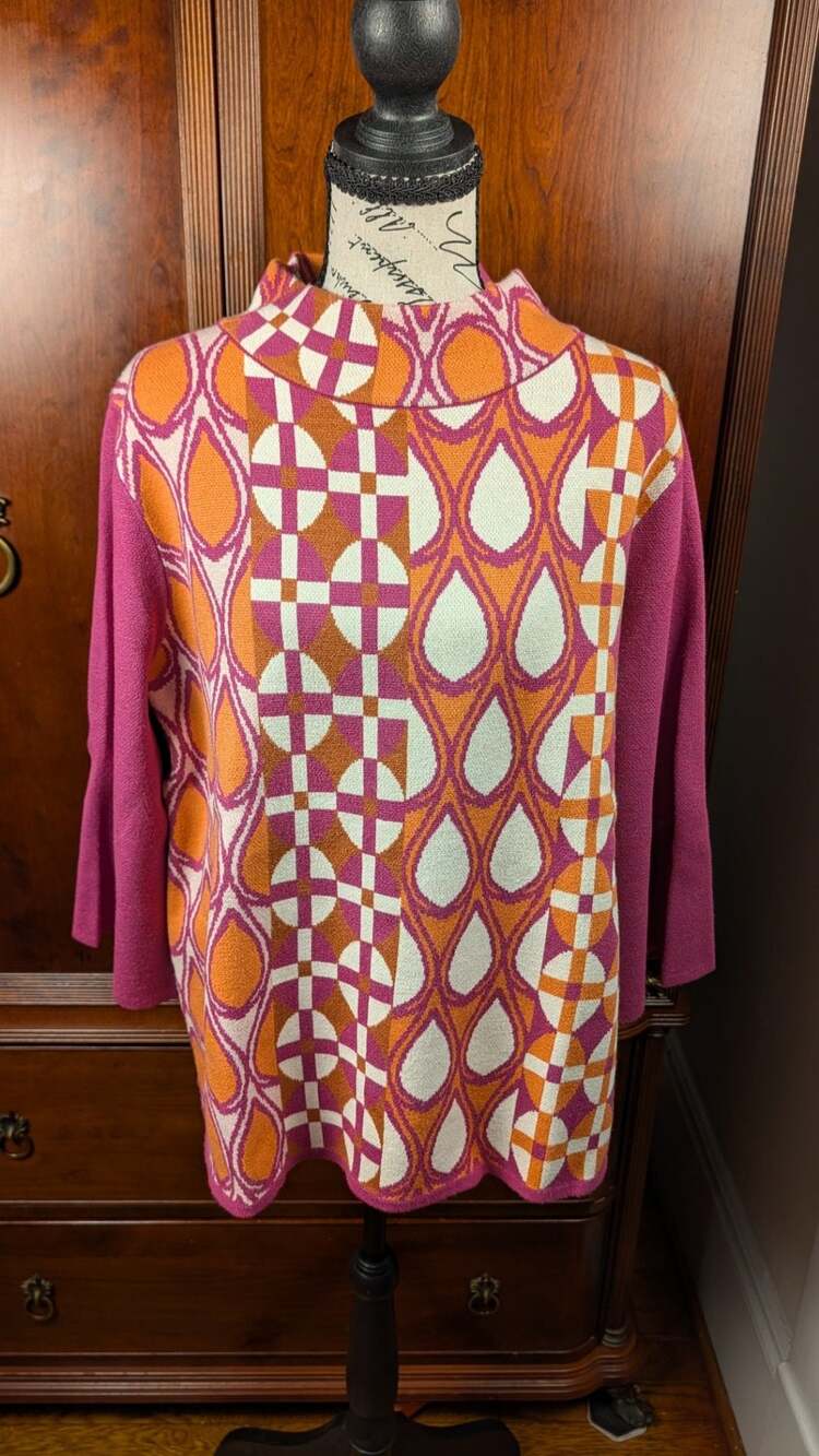 Fate Geometric Pattern Jacquard Knit Mock Neck Sweater Top